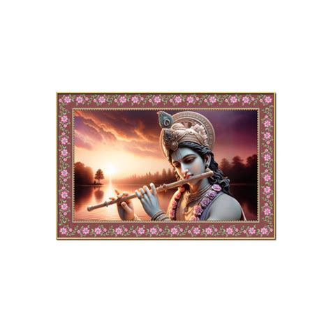Lord Krishna with Flute in Sunset Floral Border Canvas Wall Painting ...