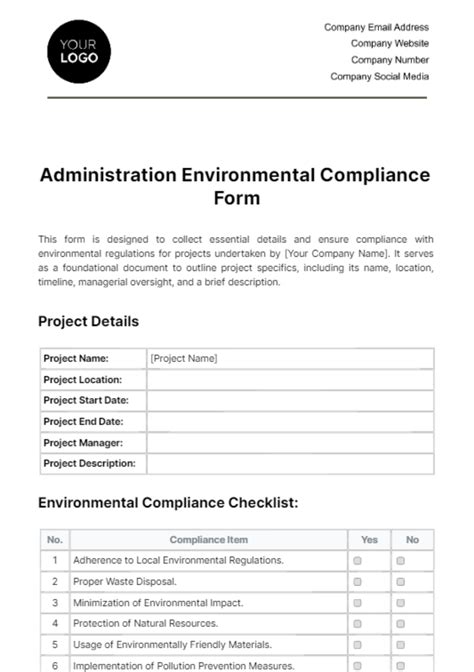 Free Administration Environmental Compliance Form Template to Edit Online