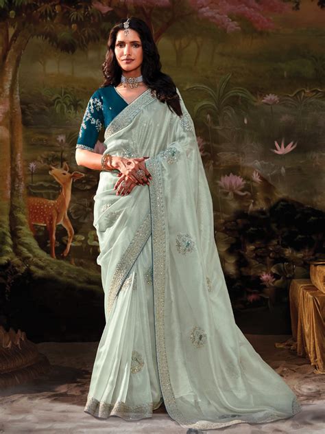 Mint Green Whisper Embroidered Silk Saree – Suvidha Fashion