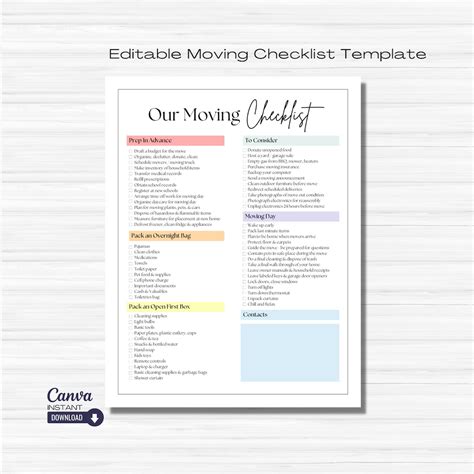 Editable Moving Checklist Printable: Relocation Planner (digital ...