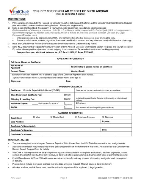 2022-2026 Form VitalChek Request for Consular Report of Birth Abroad ...