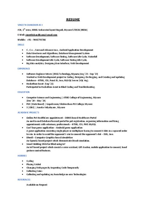 Vineeth Shandilya Resume - RESUME VINEETH SHANDILYA M J #34, 1th cross ...