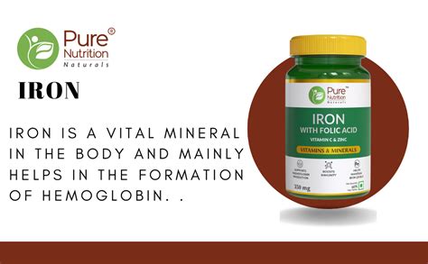 Pure Nutrition Iron Folic Acid Supplement - 60 Veg Tablets with Zinc ...