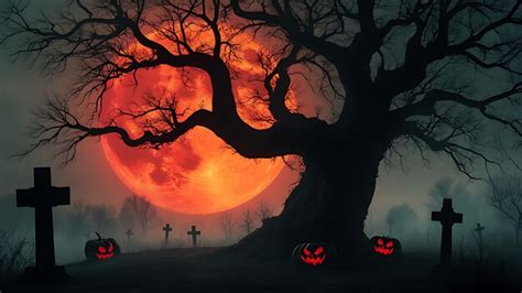 Haunted graveyard with a blood moon | Premium AI-generated image