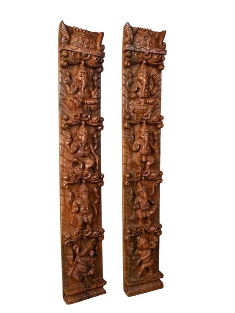 Sacred Ganesha Door Entrance Wooden Pillars-36" – Sengottuvel Wood Carvings