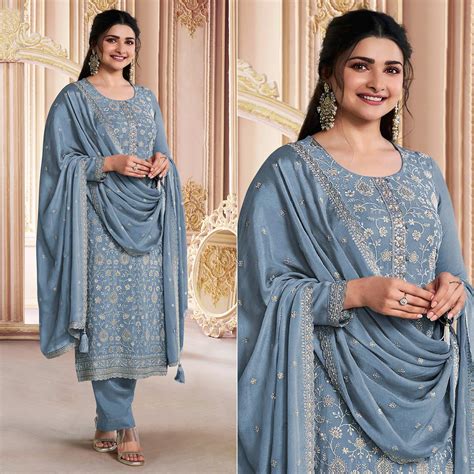 Peach Embroidered With Diamond Work Chinon Silk Semi Stitched Suit