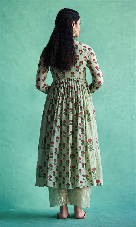 Haseena Mughal Buti Green Gathered Anarkali With Palazzo And Dupatta ...