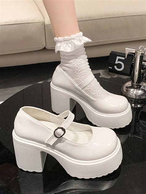 Preppy Mary Jane Shoes For Women, White Buckle Decor Platform Shoes ...