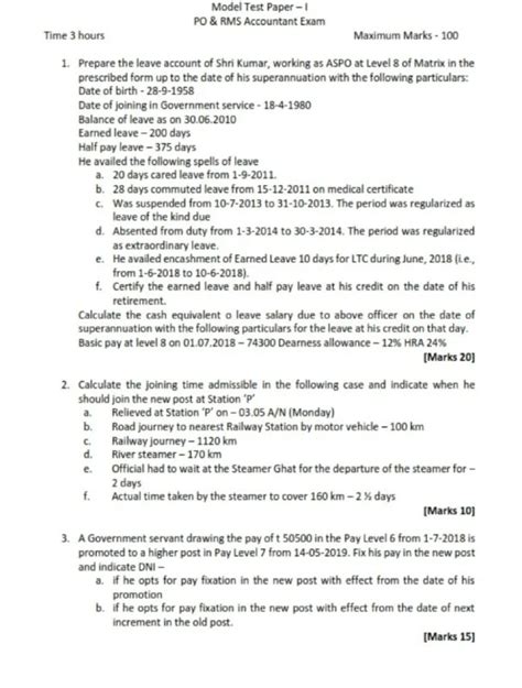 PO & RMS Accountant Examination - Model Test Paper I