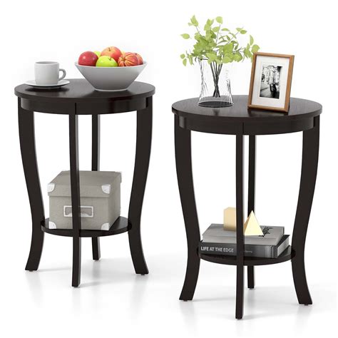 Costway 2 PCS 2-Tier End Table 18'' Round Compact Sofa Side Nightstand ...