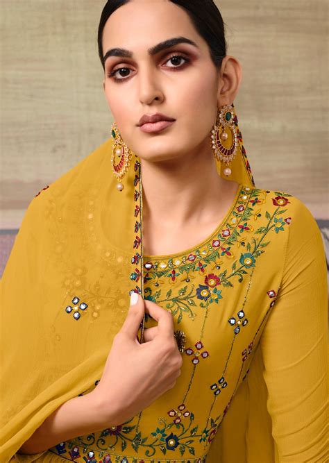 Pure Georgette Mustard Yellow Sharara Suit – Sunasa