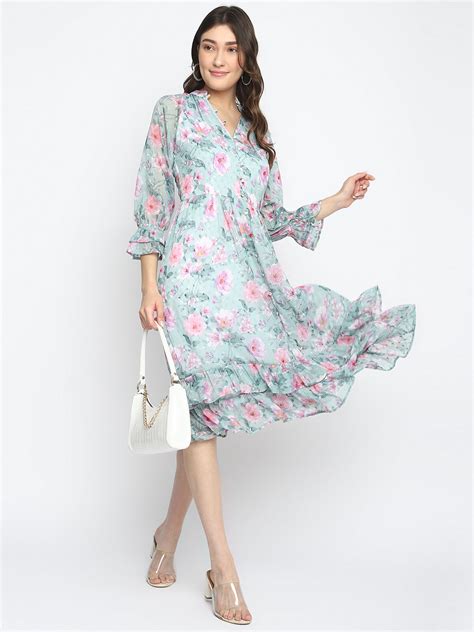 Blue 3/4 Sleeve Printed Maxi Dress With Ruffles