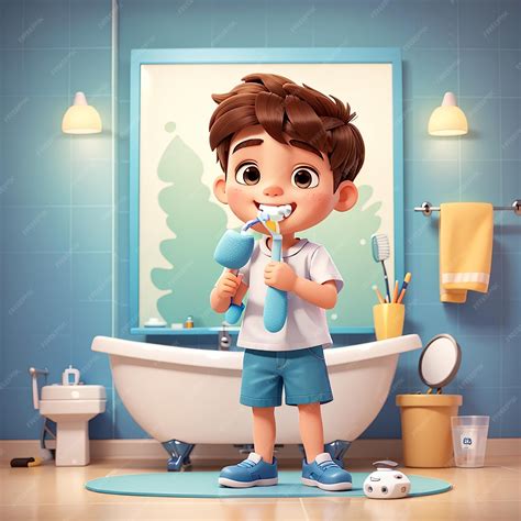 Premium Photo | Cute boy brushing teeth in bathroom cartoon vector icon ...