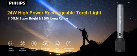 PHILIPS Torch Rechargeable, 24W Torch Light High Power, 1100 Lumens ...