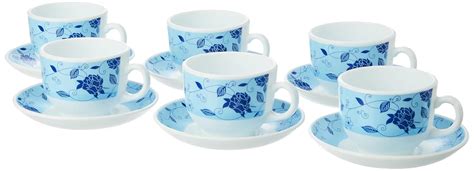 Larah by Borosil Rosa Blue Opalware Set – 6 x 220ml Cups and 6 Saucer ...
