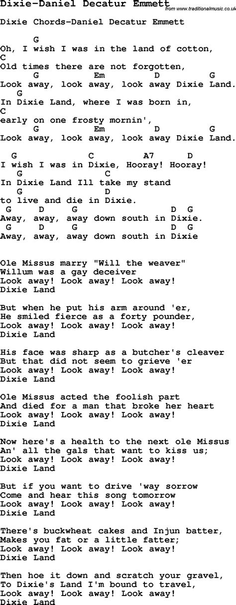 Summer Camp Song, Dixie-Daniel Decatur Emmett, with lyrics and chords ...
