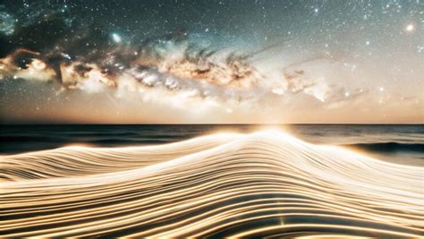 A colorful image of a night sky with a wave and the ocean in the ...