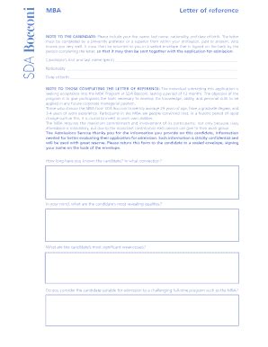 Fillable Online admissions sdabocconi MBA Letter of reference - DYNAMIC ...