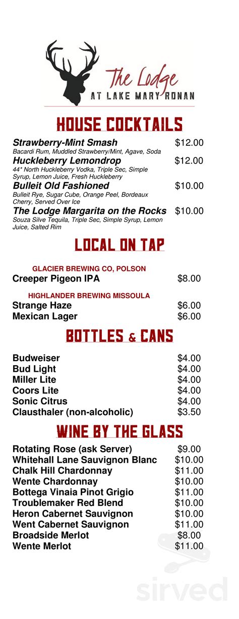 Menu - Proctor MT's The Restaurant at Lake Mary Ronan | Sirved