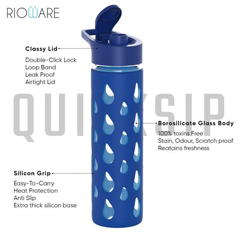 Quicksip Borosilicate Glass Water Bottle with Silicon Sleeve 550ml Gre ...