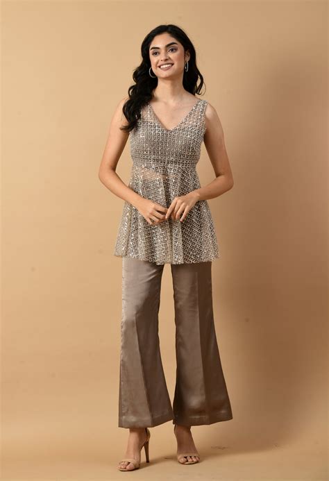 Brownish Grey Satin Co-ord Set with Beaded Shrug | Mezenor