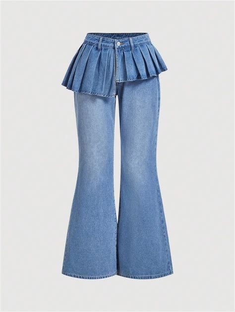 SHEIN MOD Women's Fashionable Washed Pleated Flare Jeans, Suitable For ...