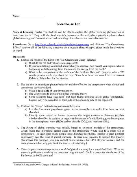 Phet greenhouse Effect lab 2+Lab report Chemistry 2nd Semester - Name ...