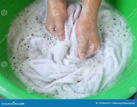 Hands Washing White Towel Clothes with Detergent in Basin Stock Image ...