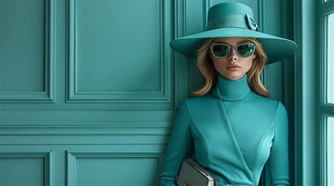 A woman in a teal outfit and hat posing against a matching background ...