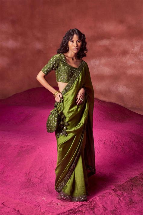Olive Green Resham Embroidered Saree & Blouse – Punit Balana