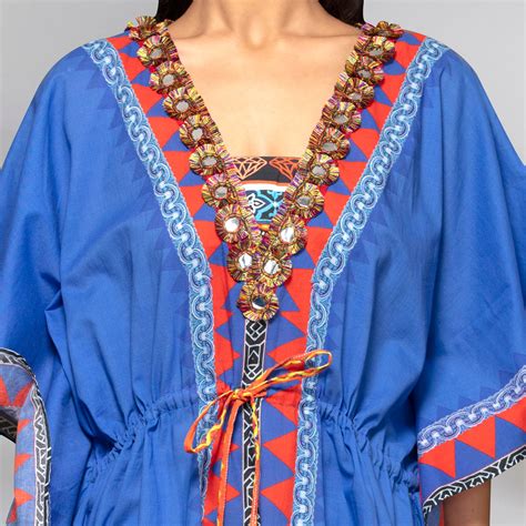 Blue Tribal Full Length Kaftan with Mirror Lace – First Resort by ...