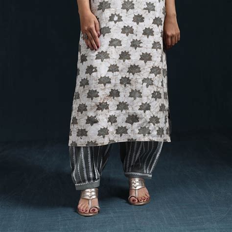 Grey Hand Block Batik Print Cotton Suit Set with Dupatta for women