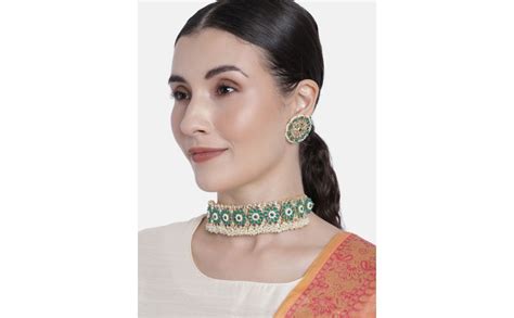 Buy I Jewels 18k Gold Plated Traditional Green Kundan & Pearl Studded ...