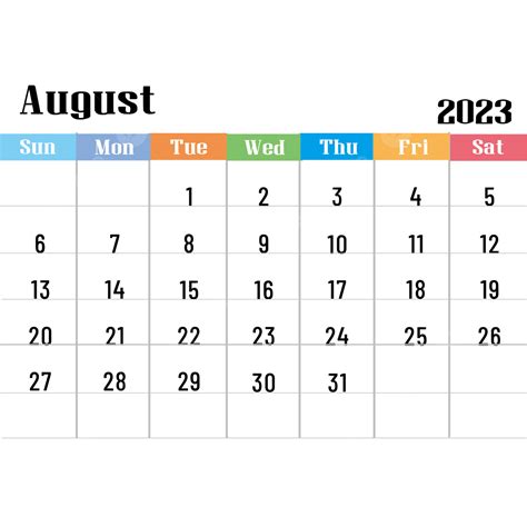 August 2023 Calendar PNG Transparent, 2023 August Calendar Color, 2023 ...