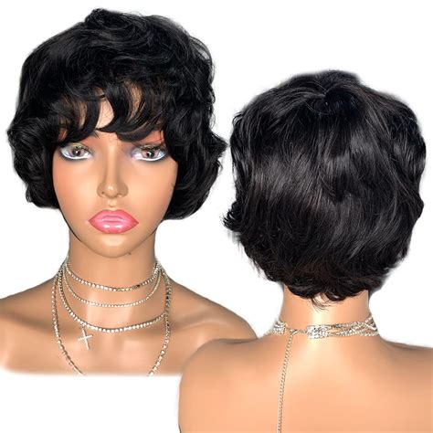 Buy YOSYLPHLIKE Human Hair Short Wigs Pixie Cut Wigs with Bangs Short ...