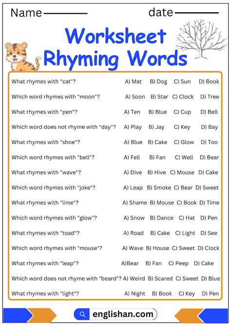 List of rhyming words for kids in English