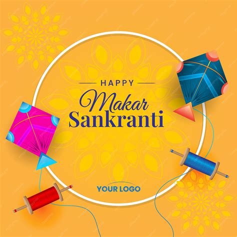 Makar sankranti yellow greeting with kites and string spool vector ...