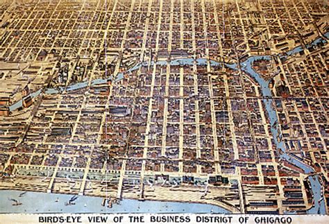 The image shows the business district of Chicago in 1898. A bird's eye ...