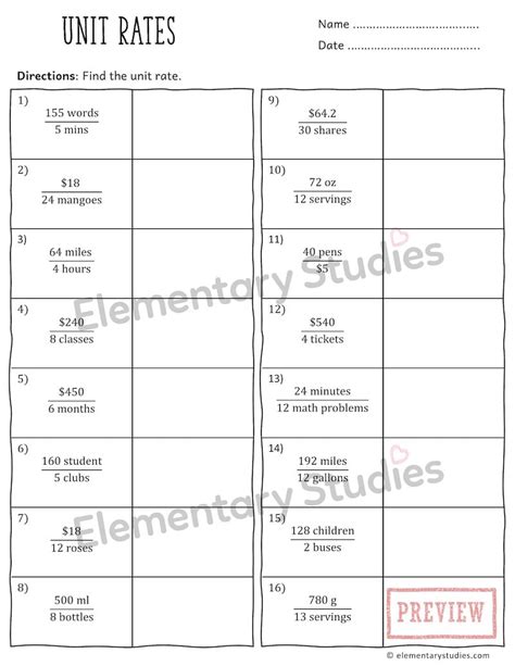 Image result for Unit Rate Math Worksheets