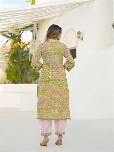 Divena Green Hand Block Cotton Straight Kurta Pant Set With Dupatta ...