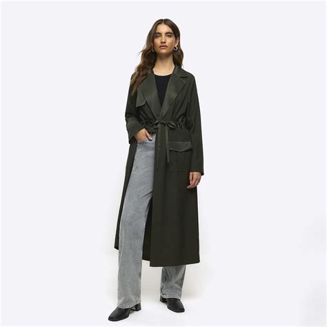 River Island Womens Duster Coat Khaki Satin Belted Longline