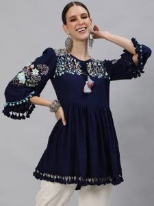 Ishin Casual Embroidered Women Dark Blue Top - Buy Ishin Casual ...