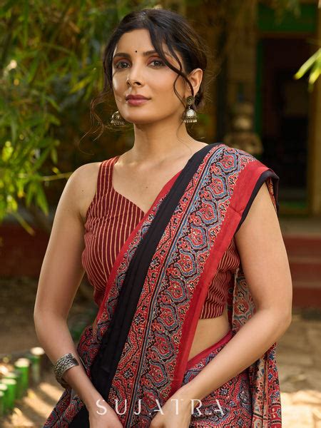 Noir Grace : Exclusive Modal Silk Saree with Red Ajrakh Border – Sujatra
