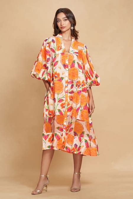 Buy Orange 100% Linen Digital Printed Kadam Straight Collar Shirt Dress ...