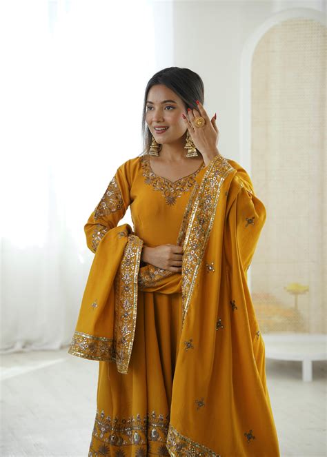 Farhaana Mustard Embroidered Anarkali – Rumiweaves