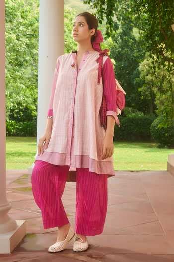 Buy Ivory Silk, Cotton Sequins Mandarin Collar Woven High-low Kurta Set ...