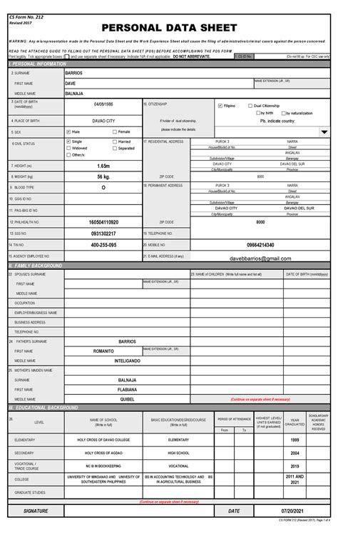 Personal Data Sheet - CS Form No. 212 Revised 2017 - Studocu