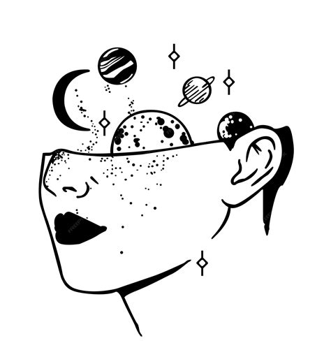 A set of a girl's head with space and a planet. portrait of a woman ...