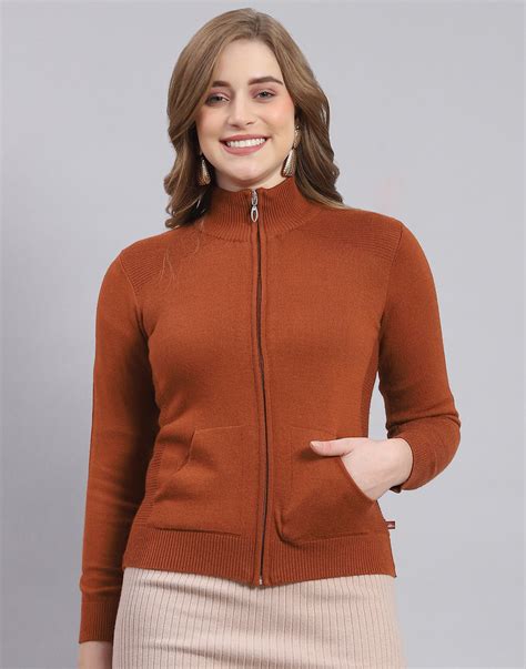 Buy Women Rust Solid Stand Collar Full Sleeve Cardigan Online in India ...