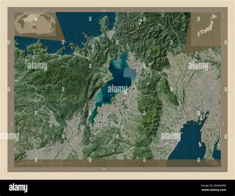 Shiga, prefecture of Japan. High resolution satellite map. Locations of major cities of the ...